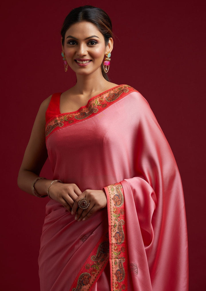 Onion Pink Swarovski Semi Crepe Designer Saree - koskii