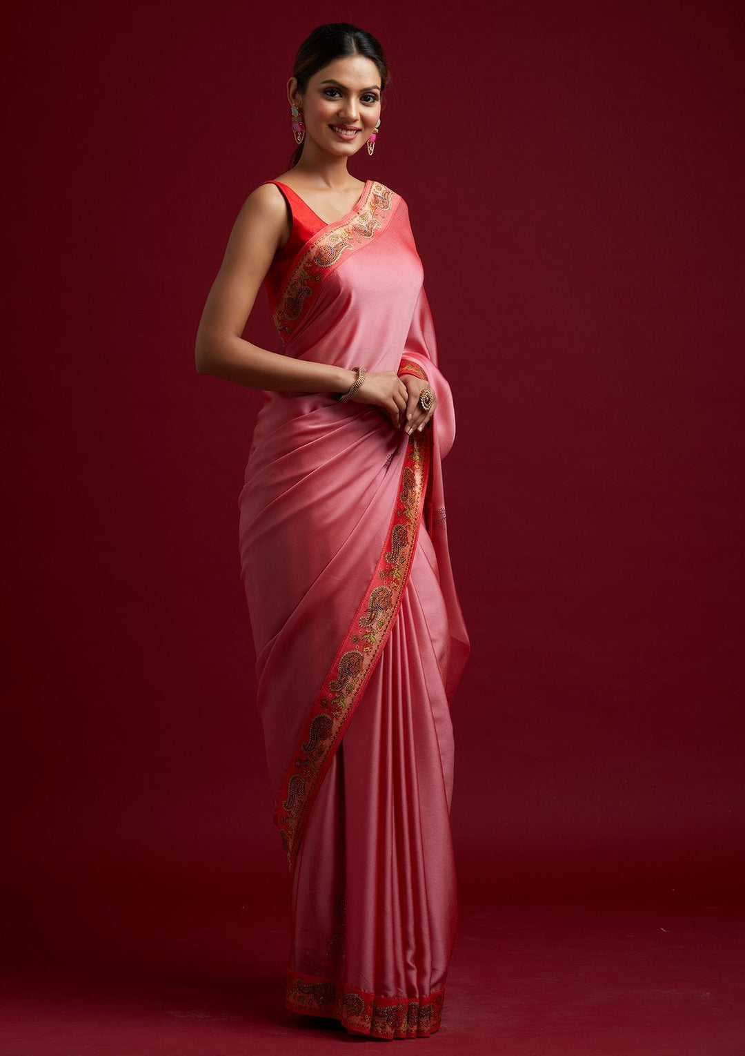 Onion Pink Swarovski Semi Crepe Designer Saree - koskii