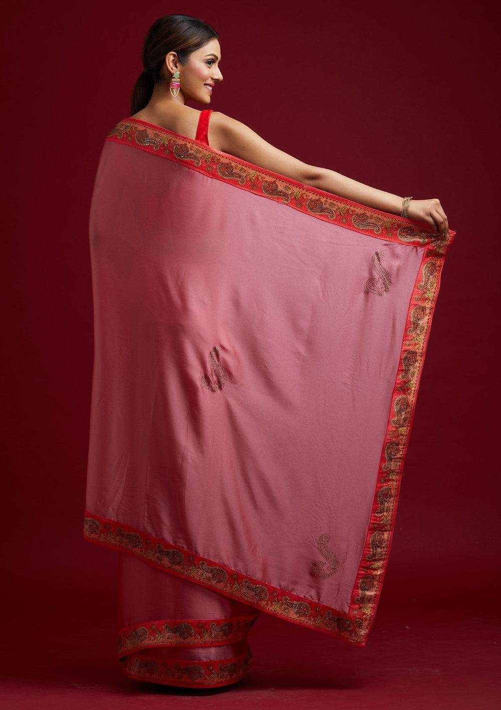 Onion Pink Swarovski Semi Crepe Designer Saree - koskii