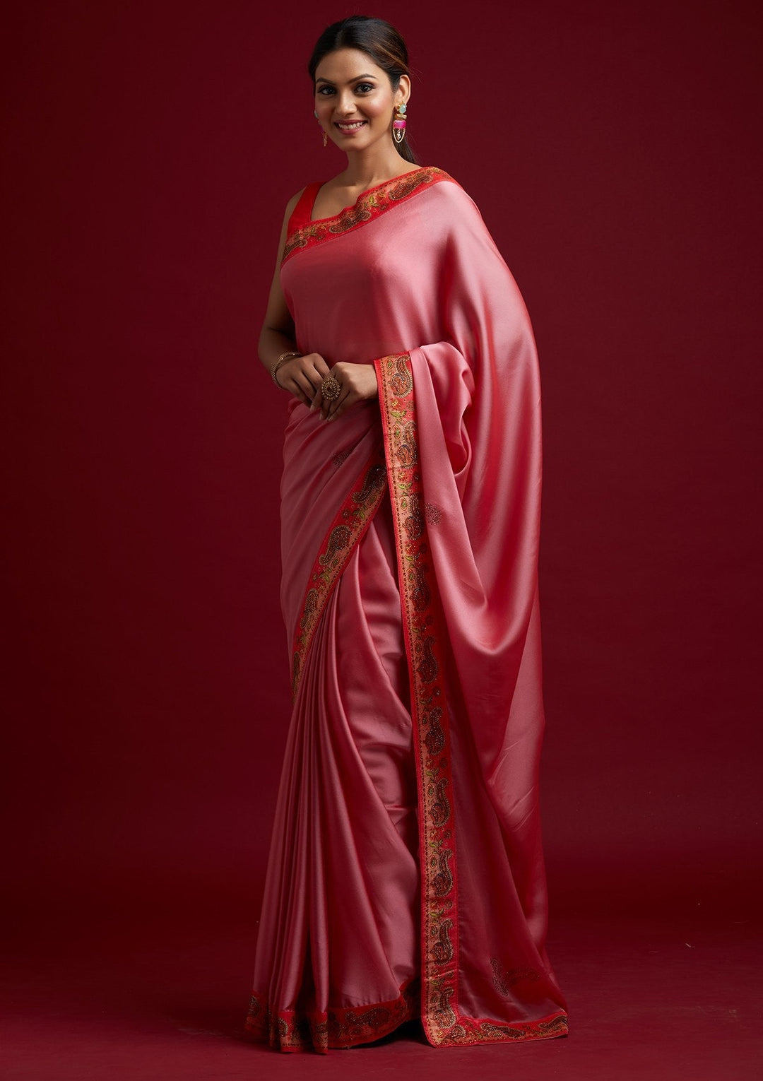 Onion Pink Swarovski Semi Crepe Designer Saree - koskii