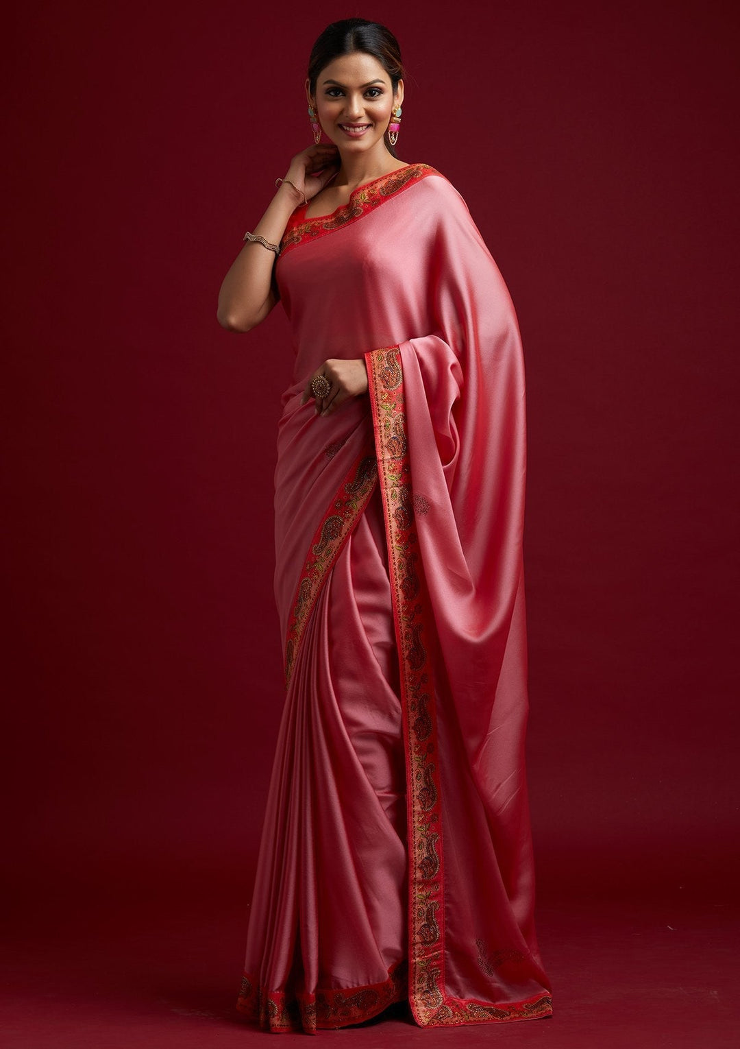 Onion Pink Swarovski Semi Crepe Designer Saree - koskii