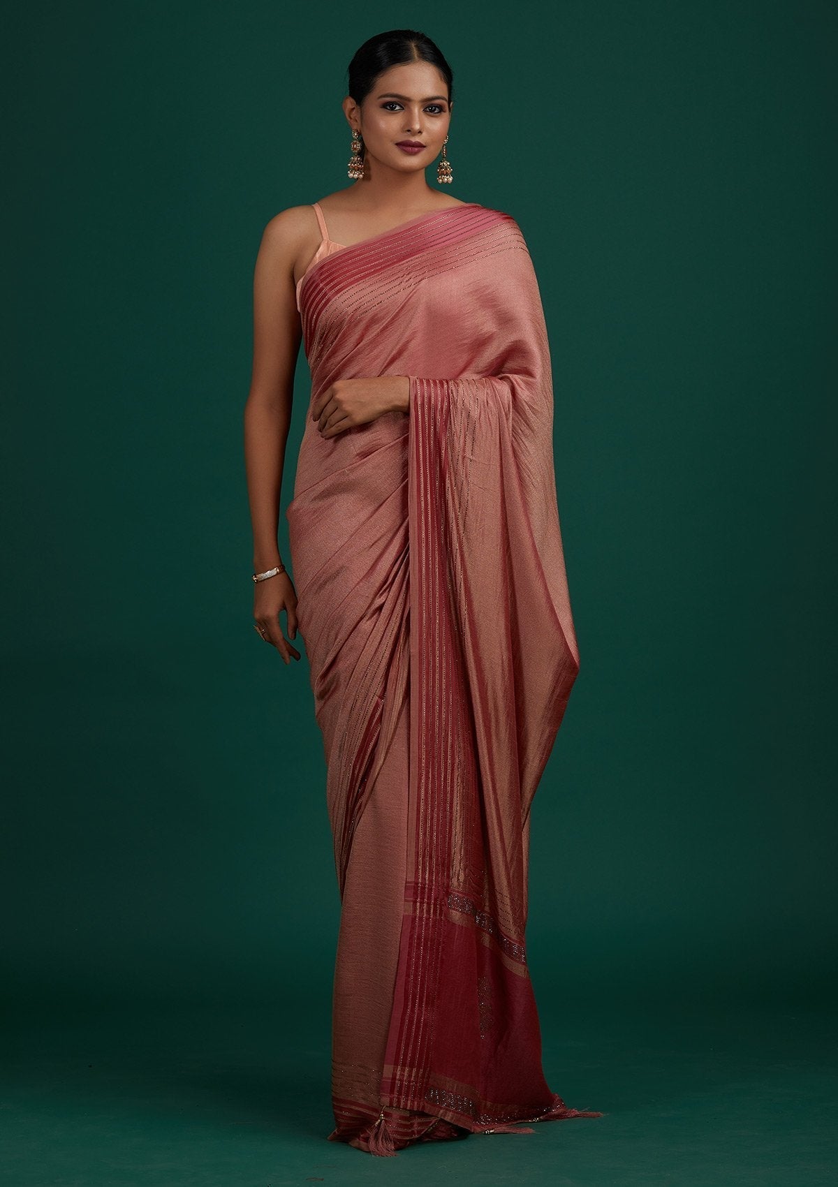 Onion Pink Swarovski Semi Crepe Designer Saree - Koskii