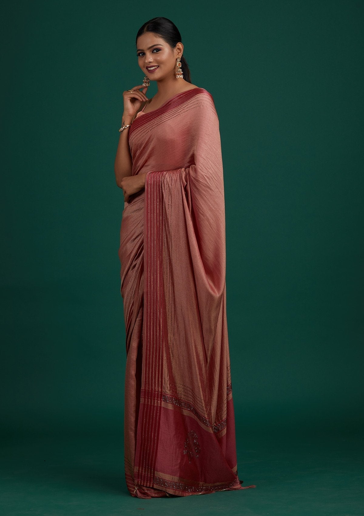 Onion Pink Swarovski Semi Crepe Designer Saree - Koskii