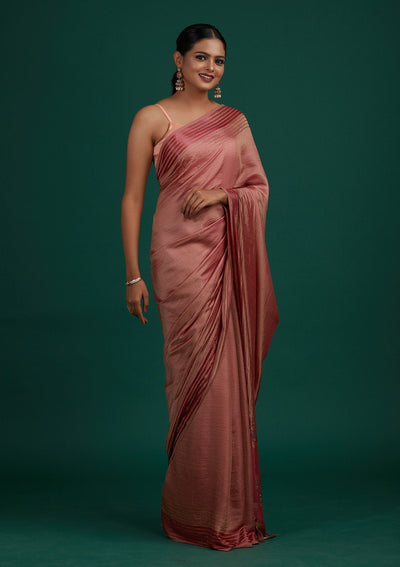 Onion Pink Swarovski Semi Crepe Designer Saree - Koskii