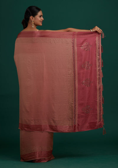 Onion Pink Swarovski Semi Crepe Designer Saree - Koskii