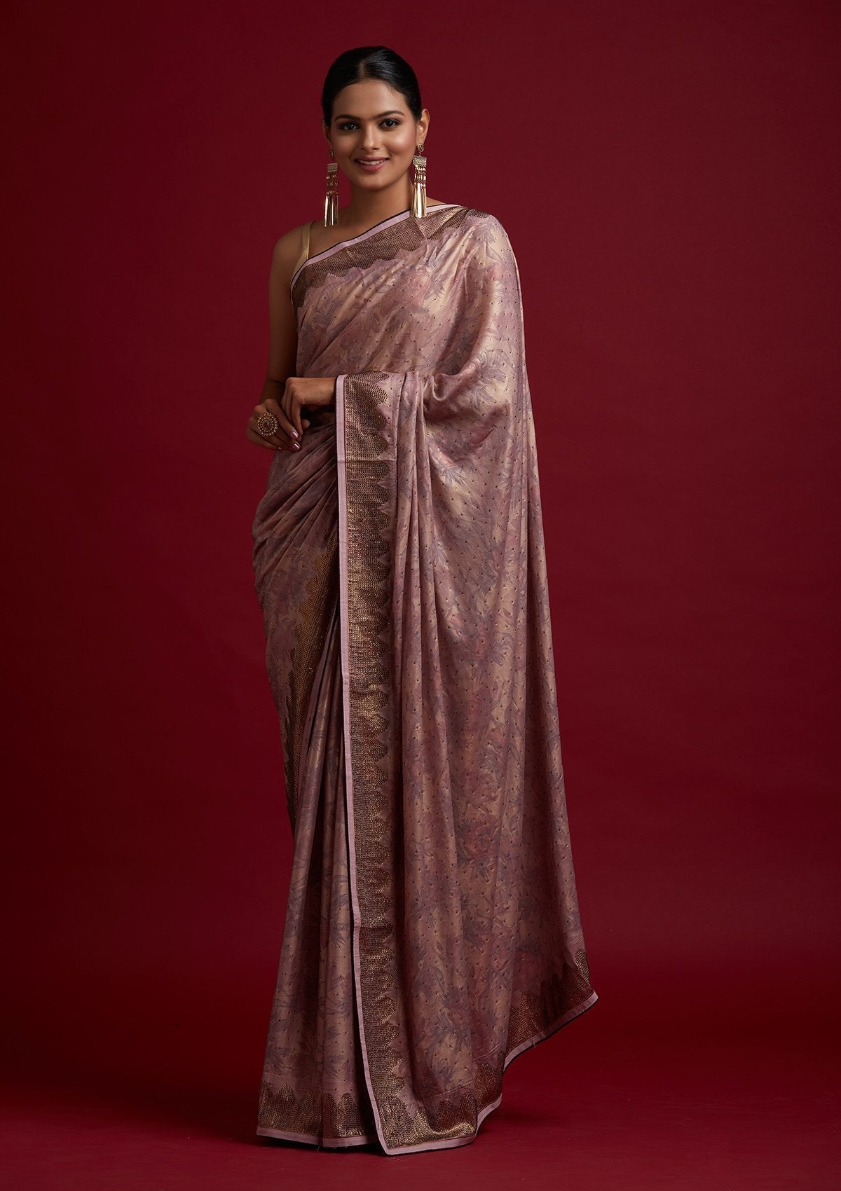 Onion Pink Swarovski Shimmer Designer Saree - koskii