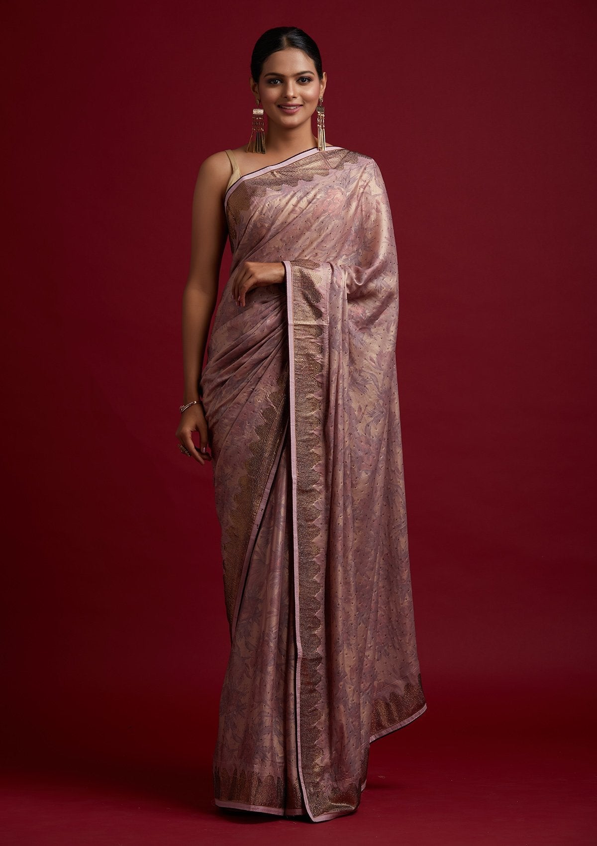 Onion Pink Swarovski Shimmer Designer Saree - koskii