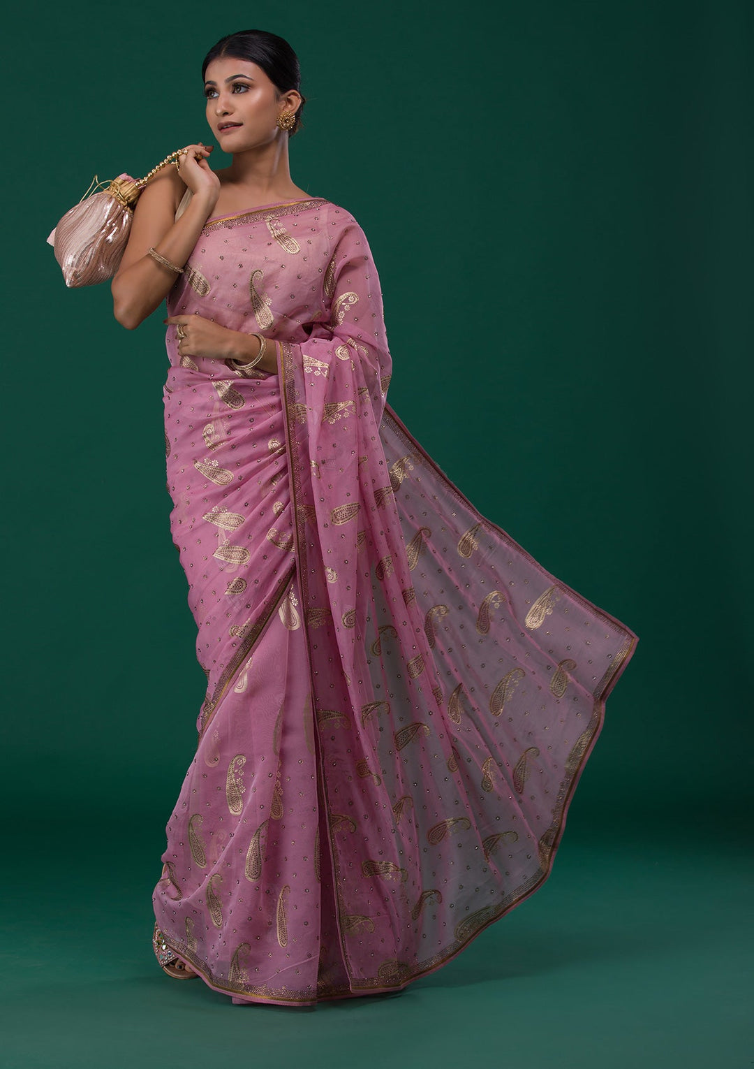 Onion Pink Swarovski Shimmer Saree-Koskii