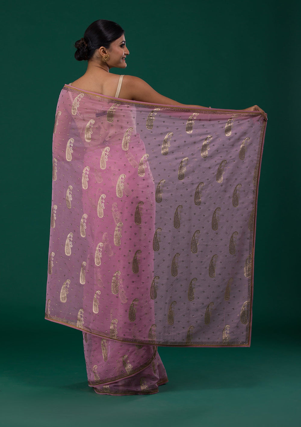 Onion Pink Swarovski Shimmer Saree-Koskii