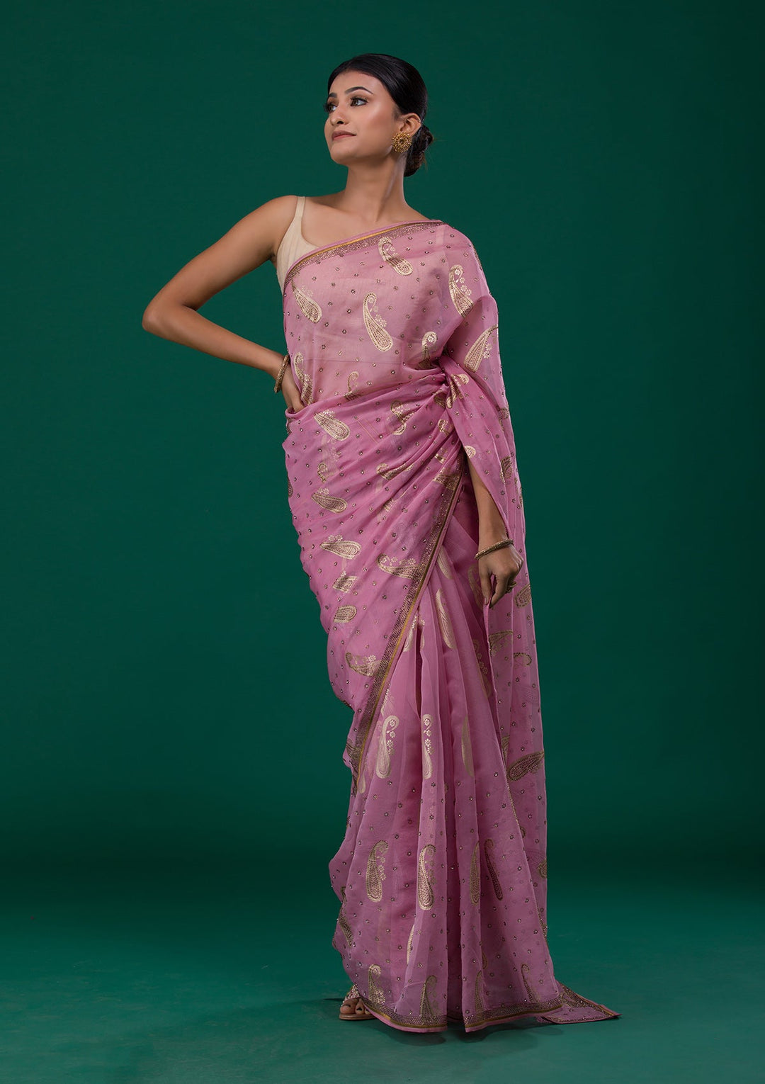 Onion Pink Swarovski Shimmer Saree-Koskii