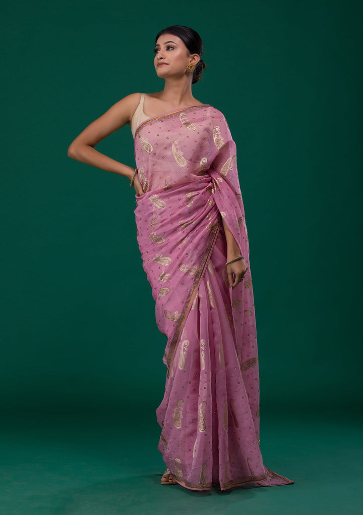 Onion Pink Swarovski Shimmer Saree-Koskii