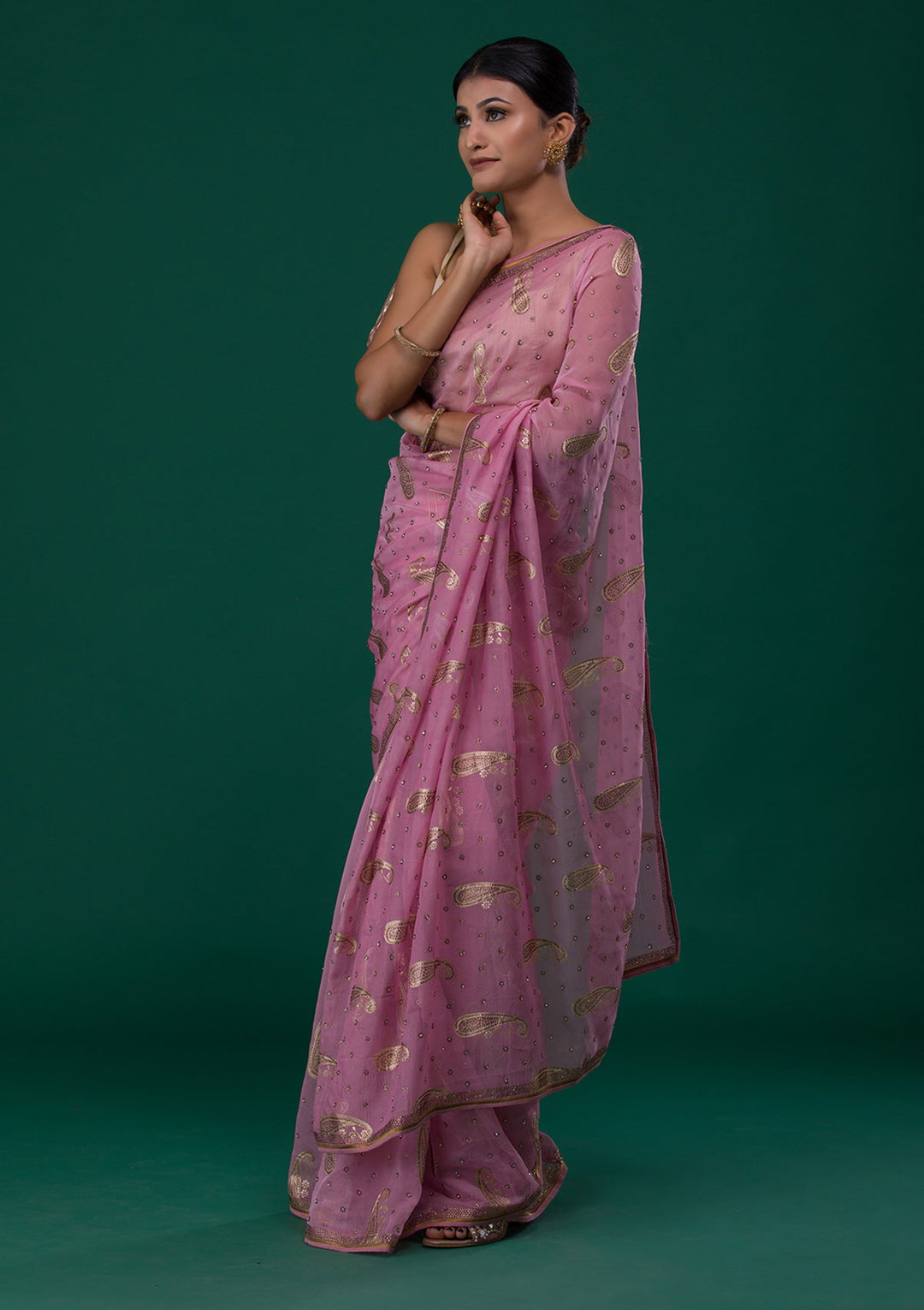 Onion Pink Swarovski Shimmer Saree-Koskii