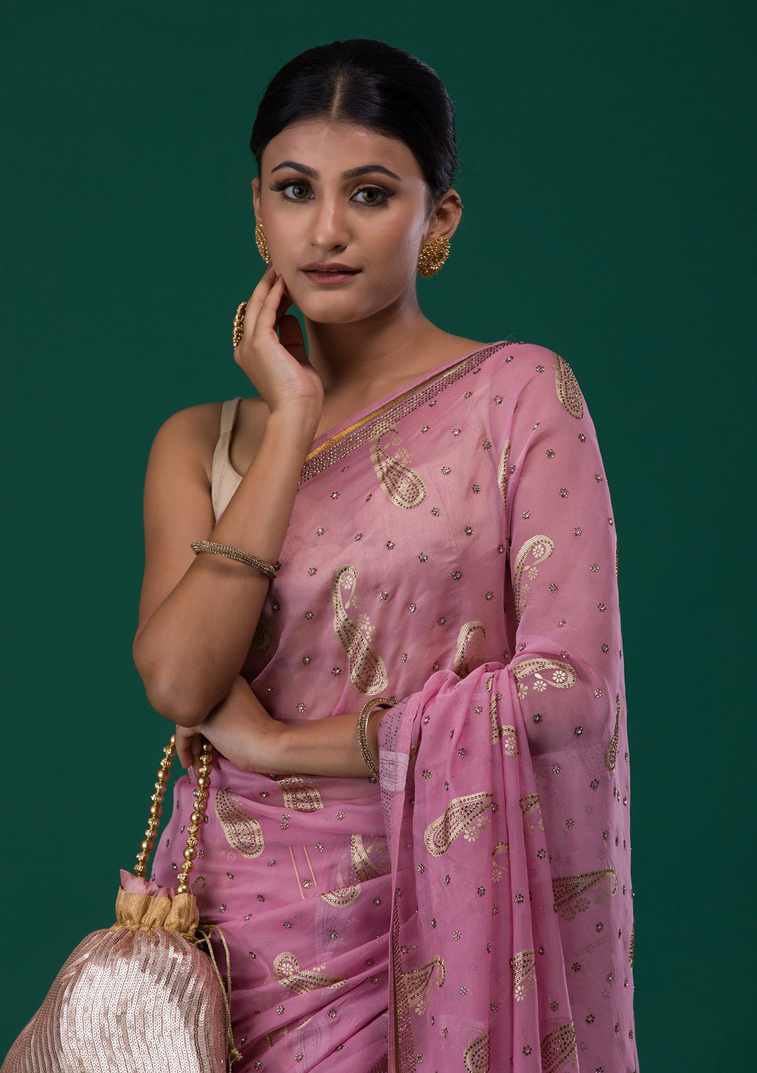 Onion Pink Swarovski Shimmer Saree-Koskii