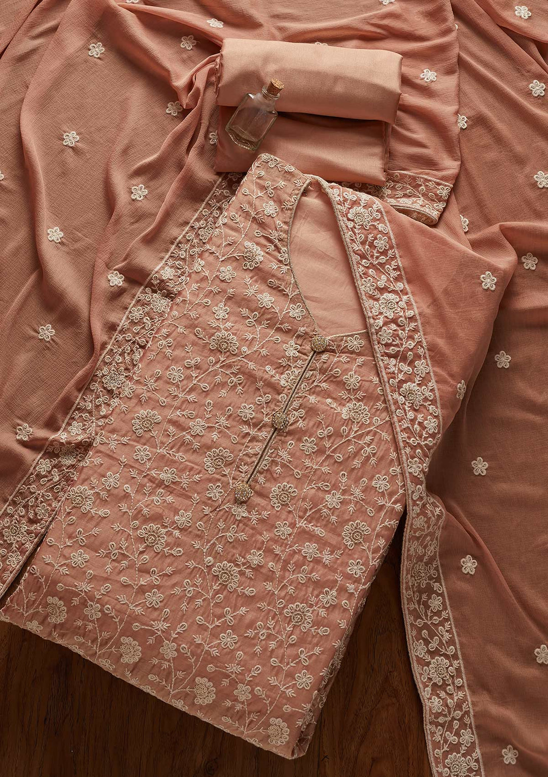 Onion Pink Threadwork Chanderi Designer Unstitched Salwar Suit - koskii
