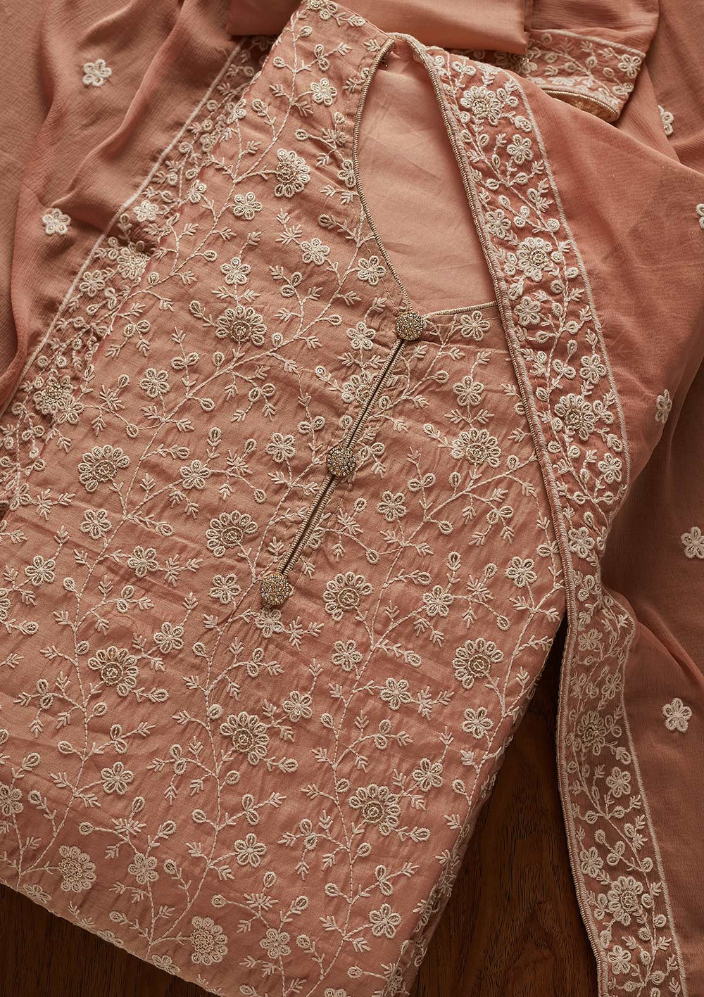 Onion Pink Threadwork Chanderi Designer Unstitched Salwar Suit - koskii