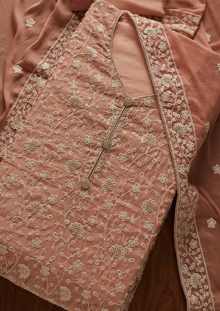 Onion Pink Threadwork Chanderi Designer Unstitched Salwar Suit - koskii
