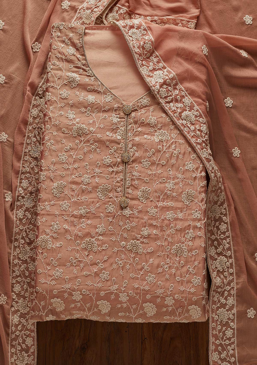 Onion Pink Threadwork Chanderi Designer Unstitched Salwar Suit - koskii