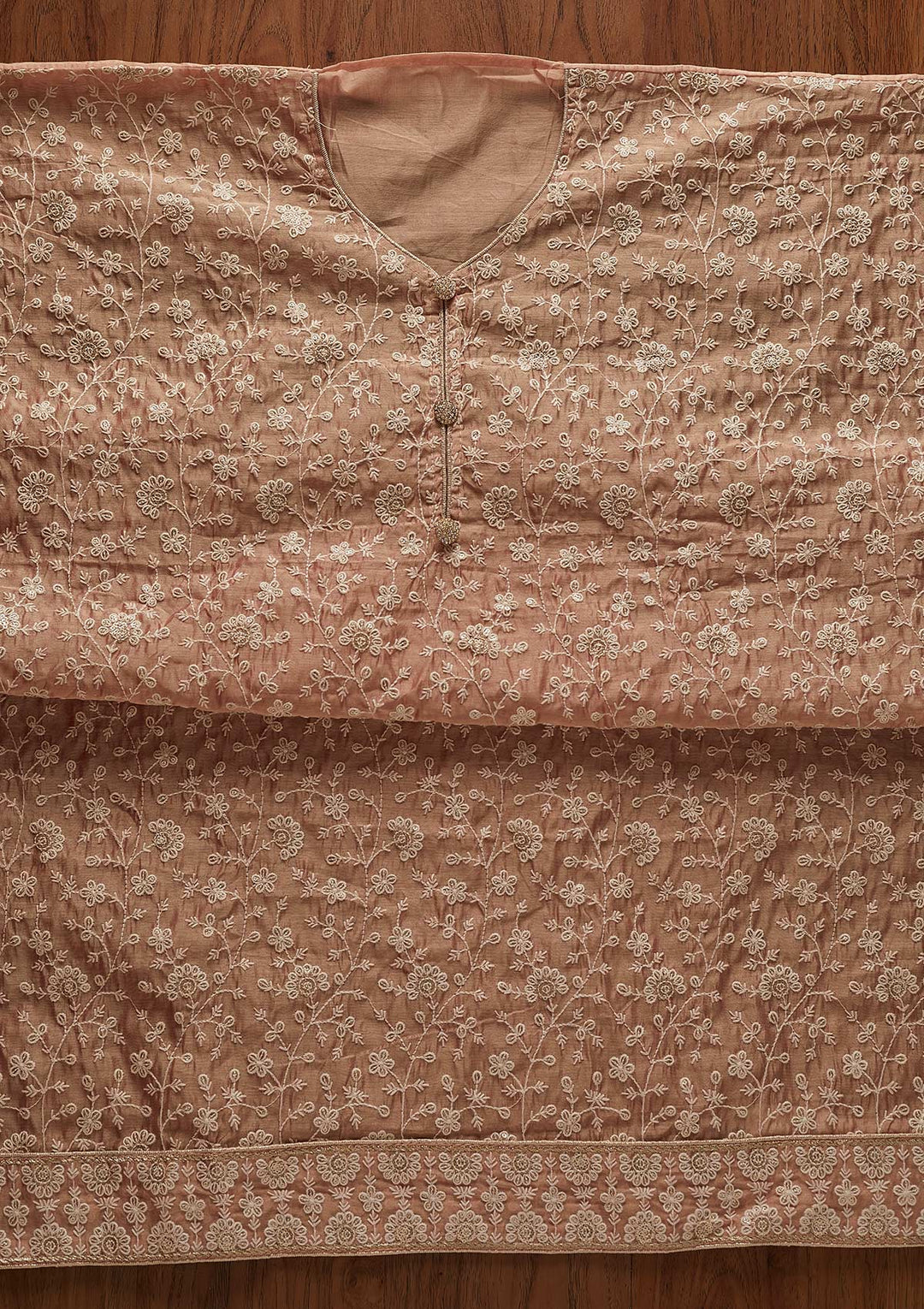 Onion Pink Threadwork Chanderi Designer Unstitched Salwar Suit - koskii