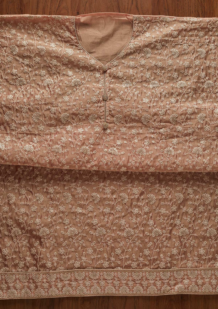 Onion Pink Threadwork Chanderi Designer Unstitched Salwar Suit - koskii