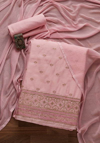 Onion Pink Threadwork Chanderi Designer Unstitched Salwar Suit - Koskii