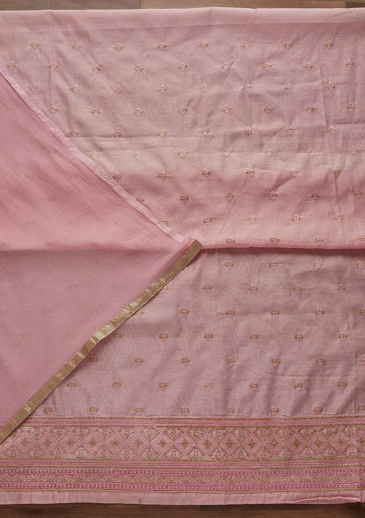 Onion Pink Threadwork Chanderi Designer Unstitched Salwar Suit - Koskii