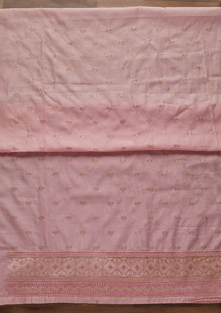 Onion Pink Threadwork Chanderi Designer Unstitched Salwar Suit - Koskii