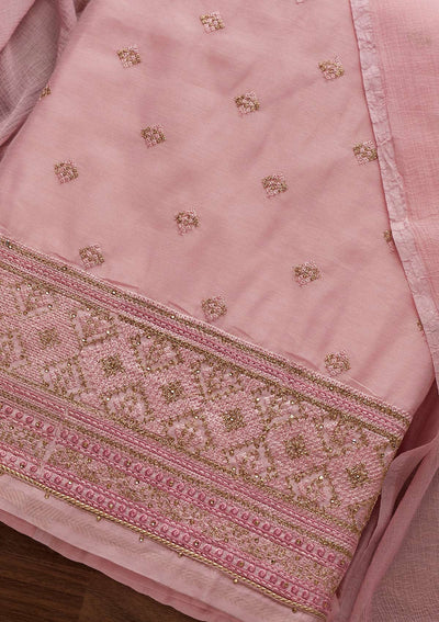 Onion Pink Threadwork Chanderi Designer Unstitched Salwar Suit - Koskii