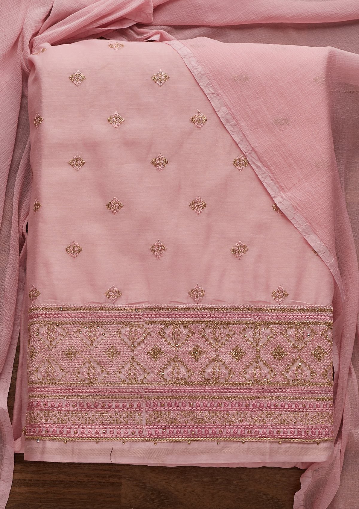 Onion Pink Threadwork Chanderi Designer Unstitched Salwar Suit - Koskii