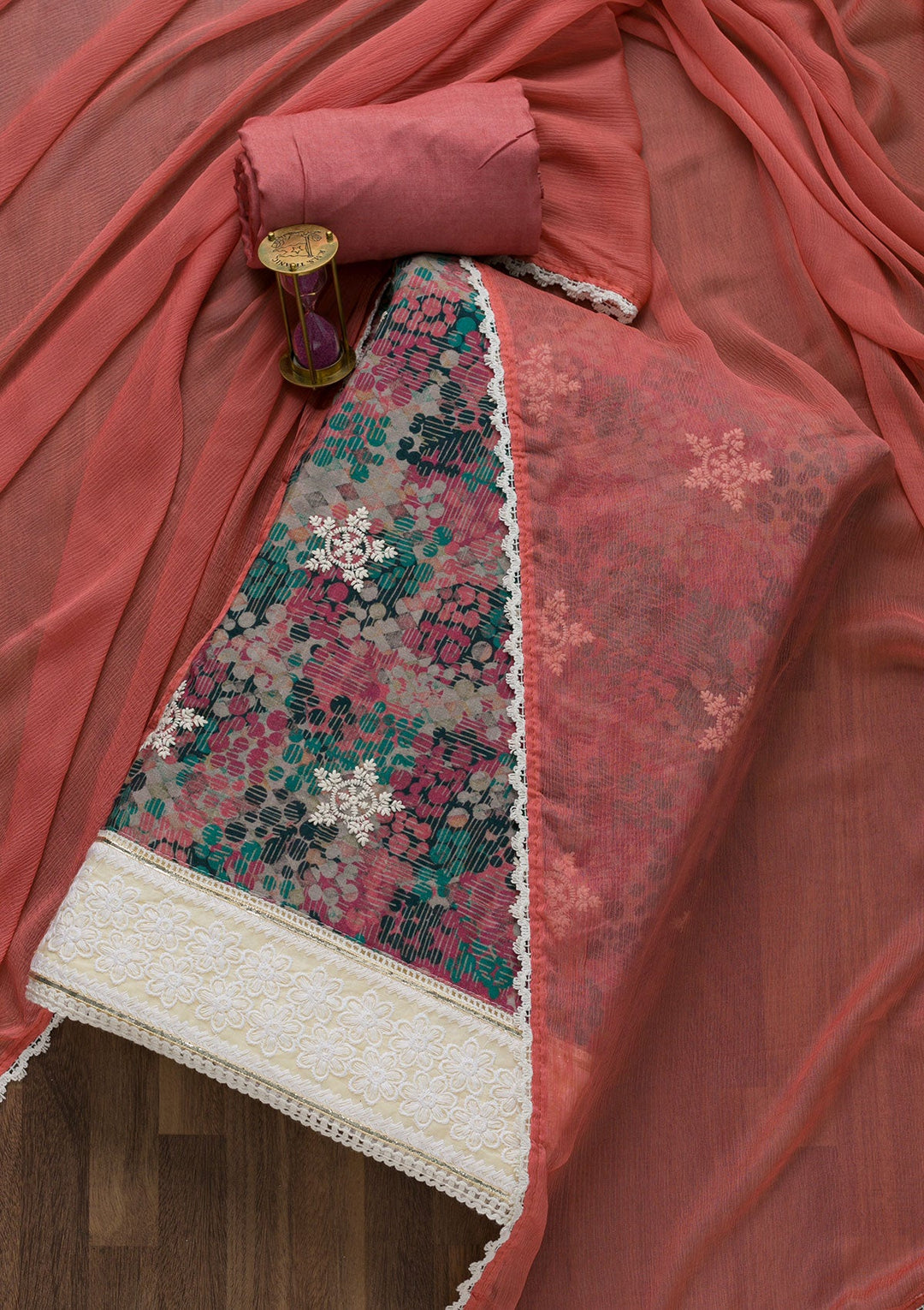 Onion Pink Threadwork Chiffon Unstitched Salwar Suit-Koskii