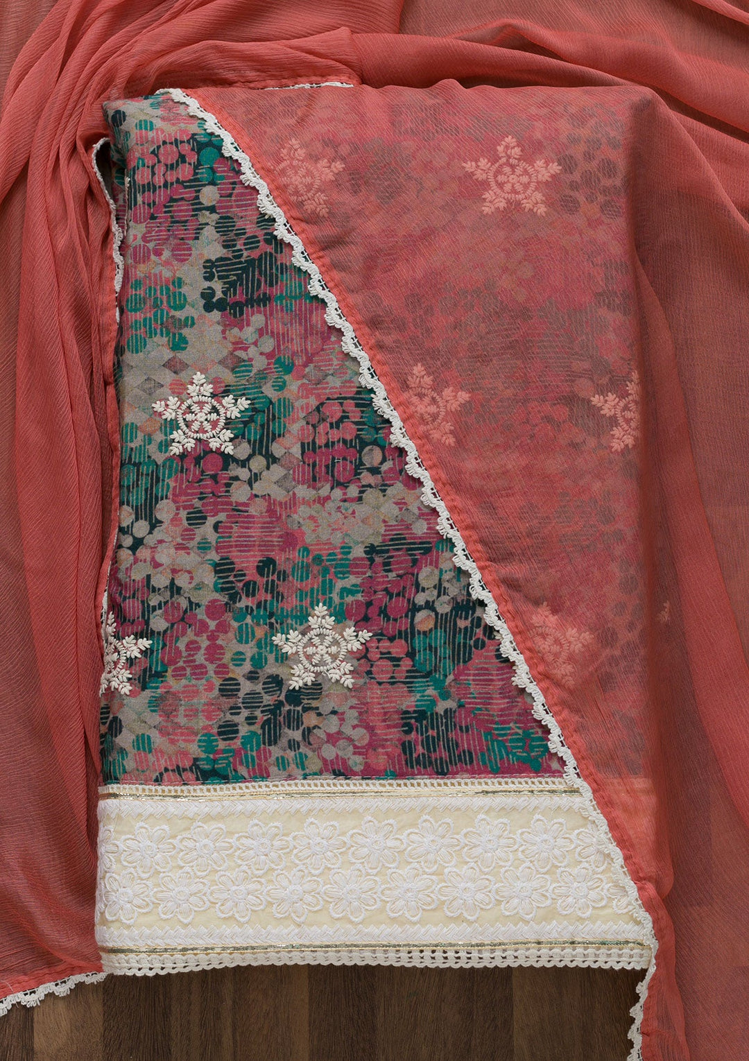 Onion Pink Threadwork Chiffon Unstitched Salwar Suit-Koskii