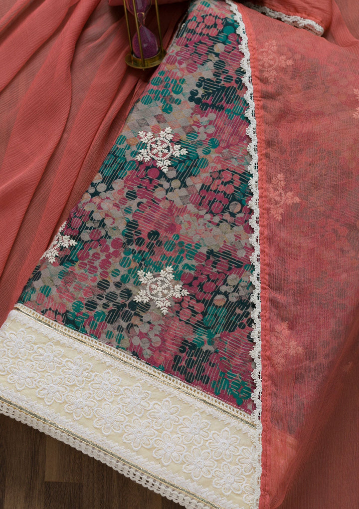 Onion Pink Threadwork Chiffon Unstitched Salwar Suit-Koskii
