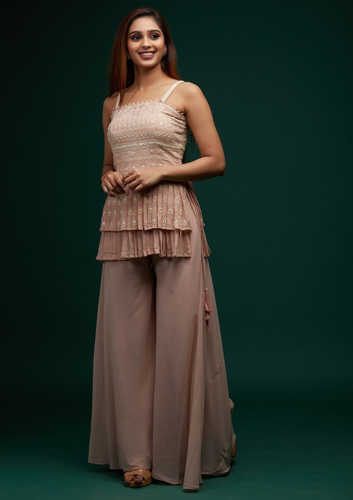Onion Pink Threadwork Georgette Designer Salwar Suit - Koskii
