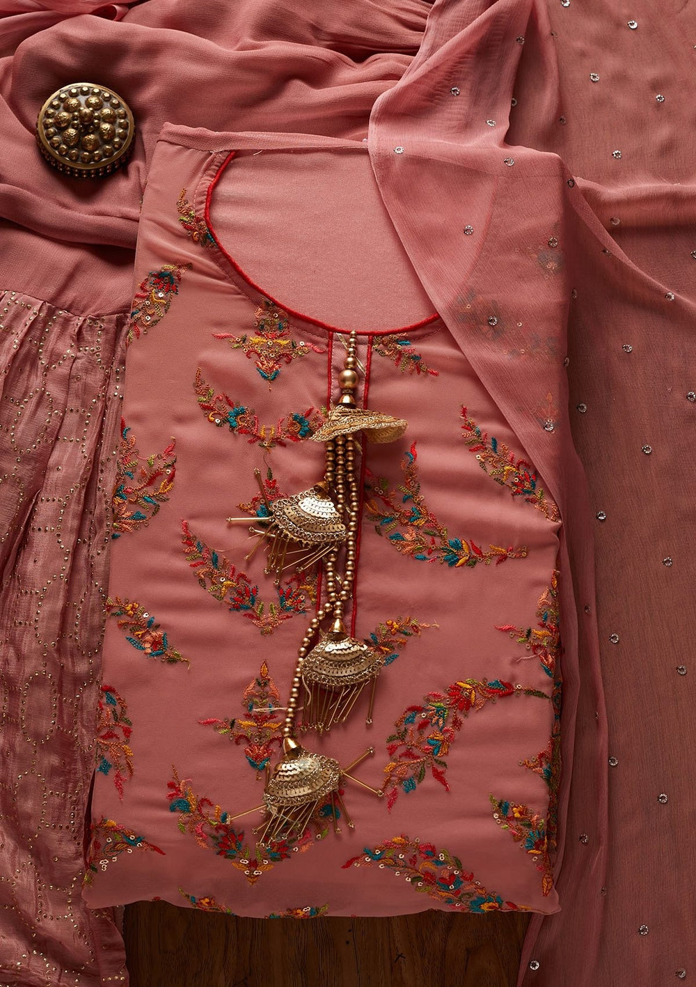 Onion Pink Threadwork Georgette Designer Semi-Stitched Salwar Suit - koskii
