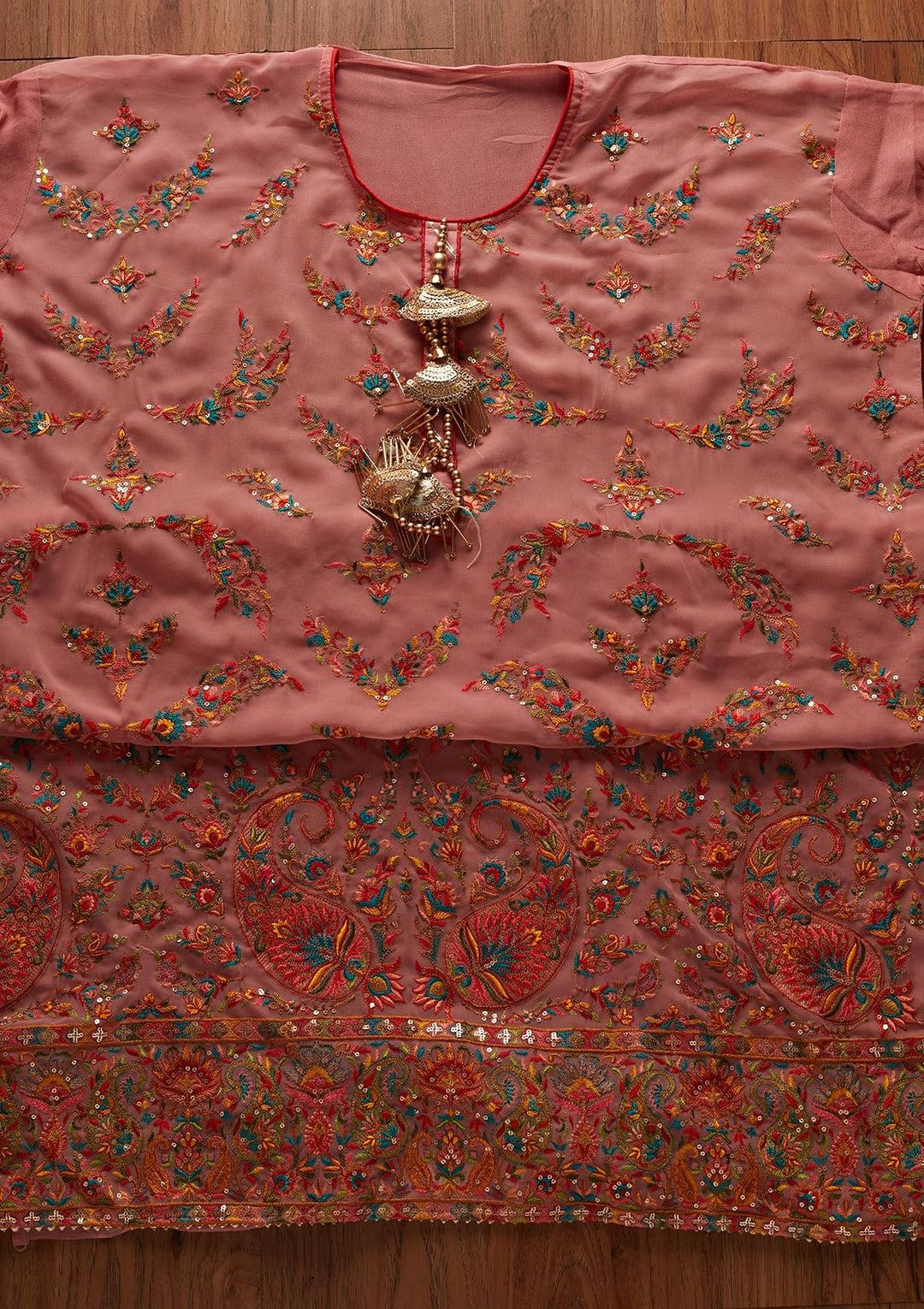 Onion Pink Threadwork Georgette Designer Semi-Stitched Salwar Suit - koskii