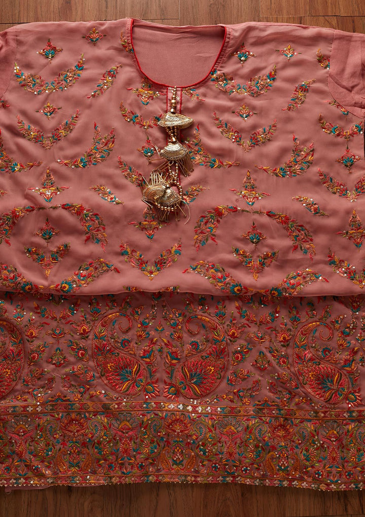 Onion Pink Threadwork Georgette Designer Semi-Stitched Salwar Suit - koskii