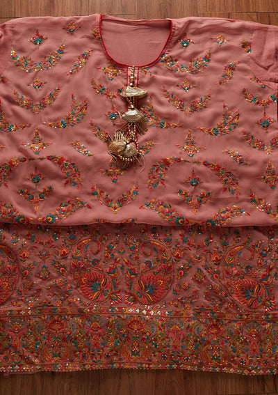Onion Pink Threadwork Georgette Designer Semi-Stitched Salwar Suit - koskii