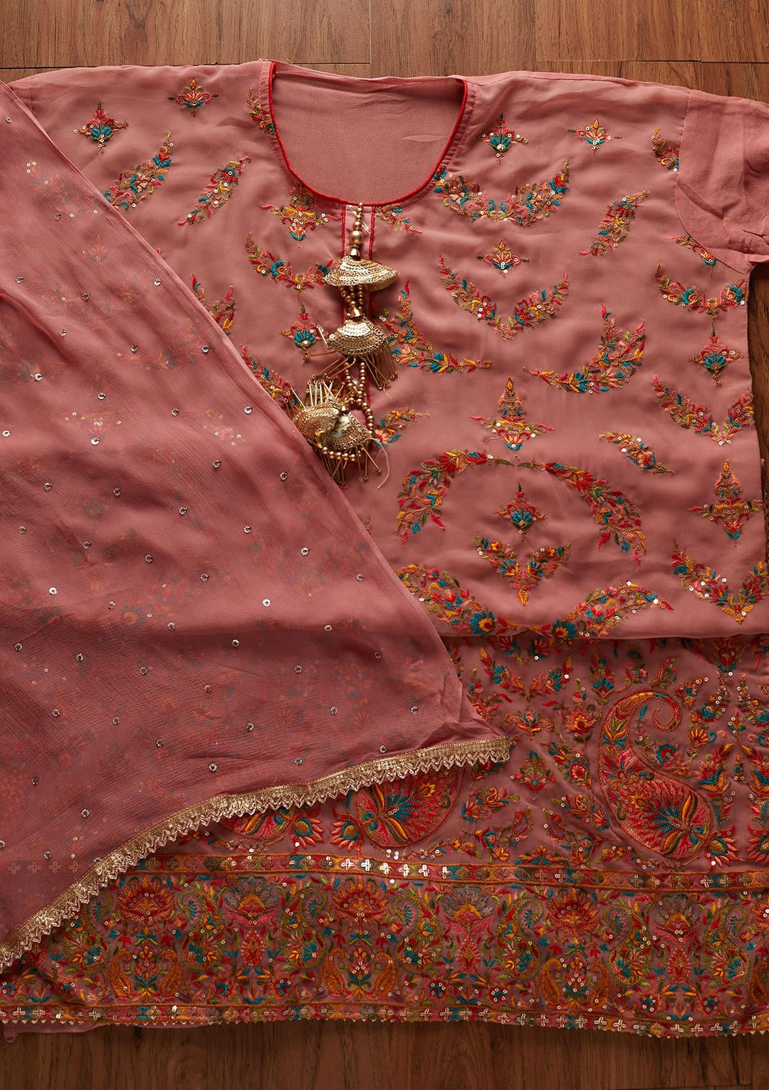 Onion Pink Threadwork Georgette Designer Semi-Stitched Salwar Suit - koskii