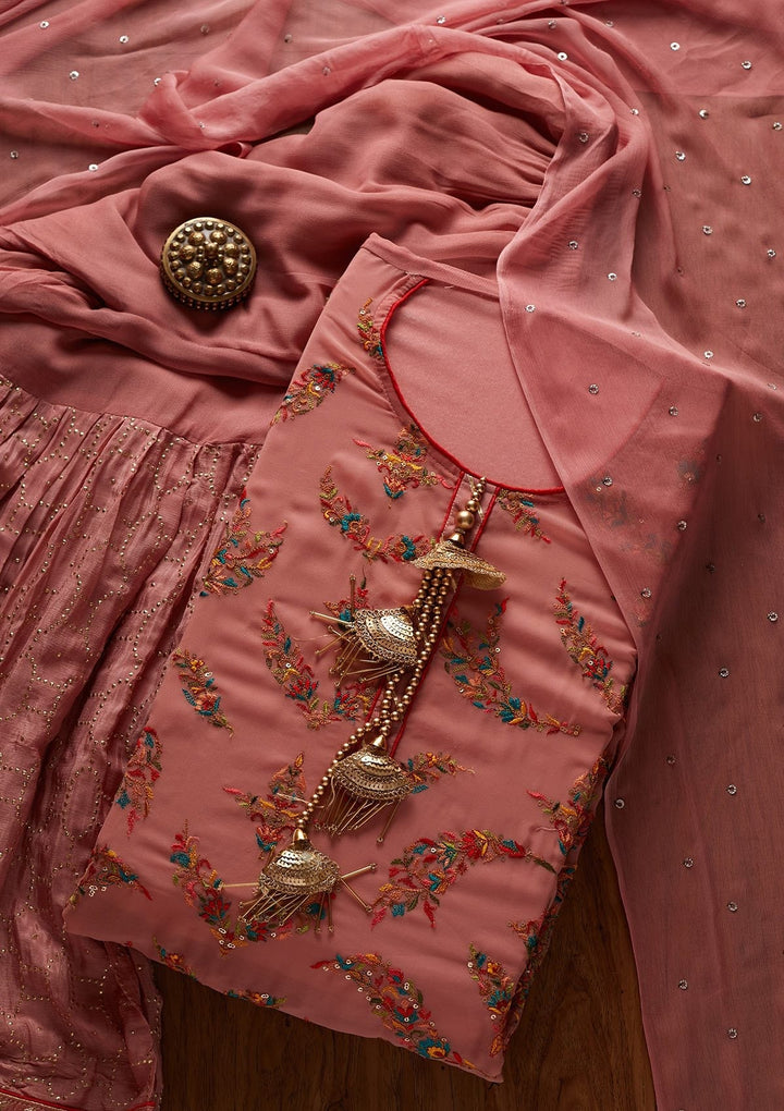 Onion Pink Threadwork Georgette Designer Semi-Stitched Salwar Suit - koskii