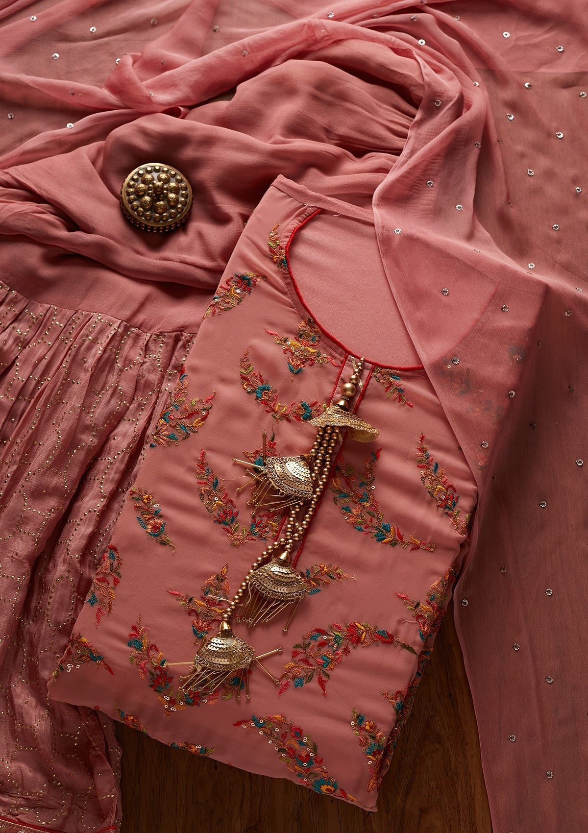Onion Pink Threadwork Georgette Designer Semi-Stitched Salwar Suit - koskii