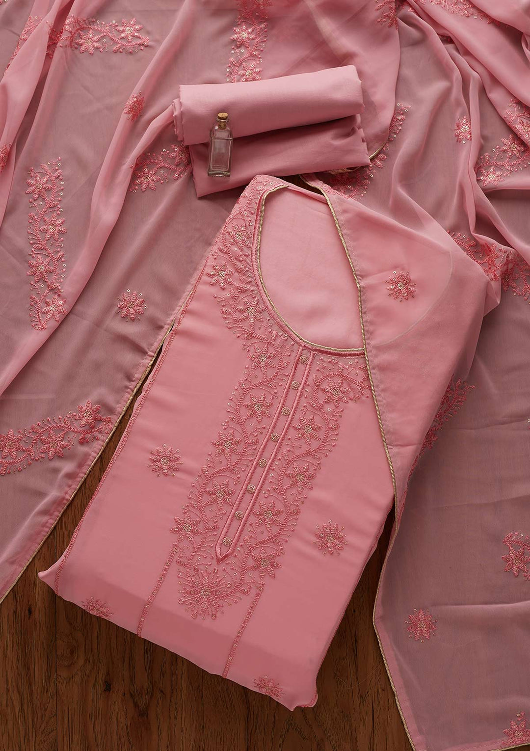 Onion Pink Threadwork Georgette Semi-Stitched Salwar Suit - Koskii