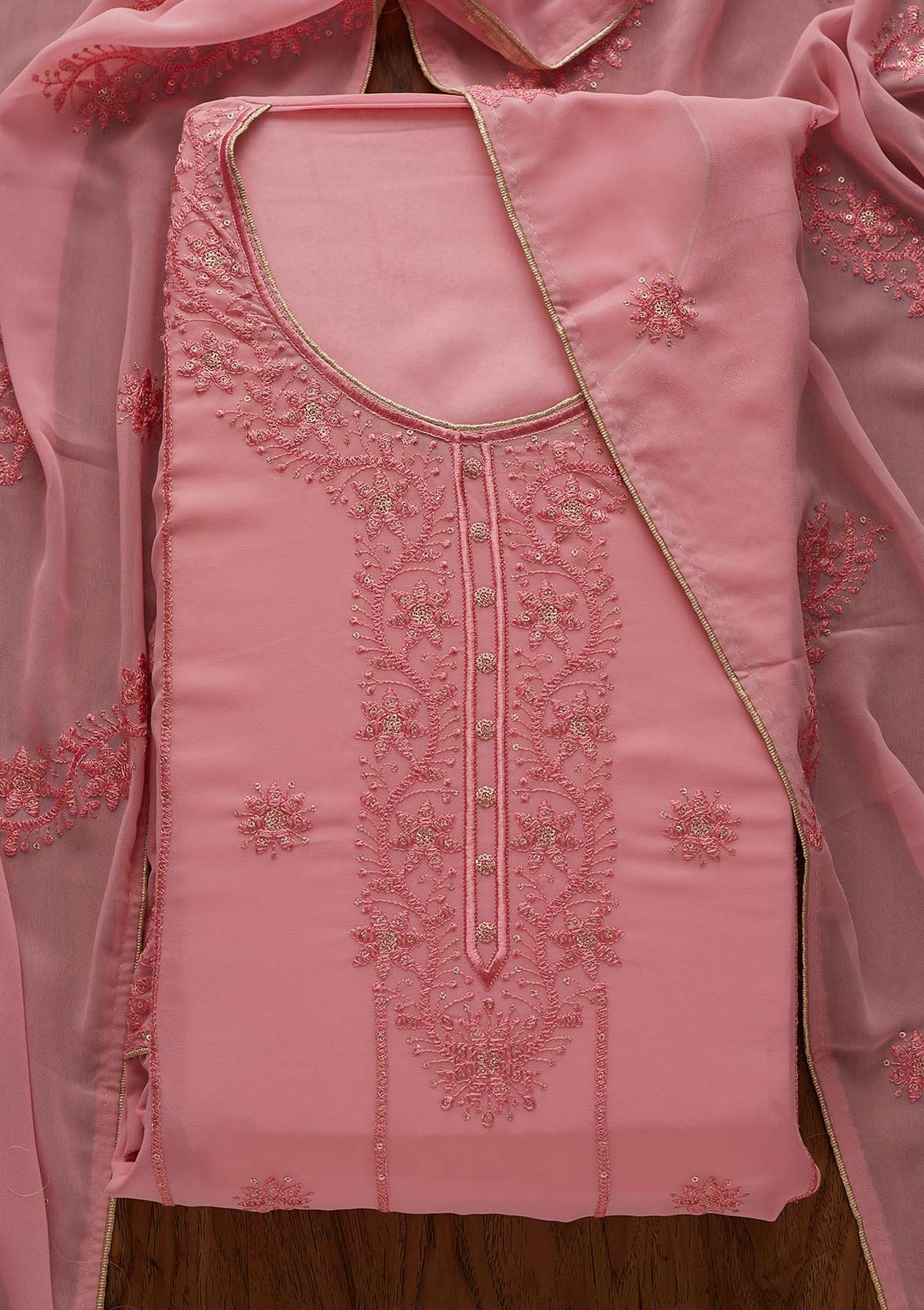 Onion Pink Threadwork Georgette Semi-Stitched Salwar Suit - Koskii