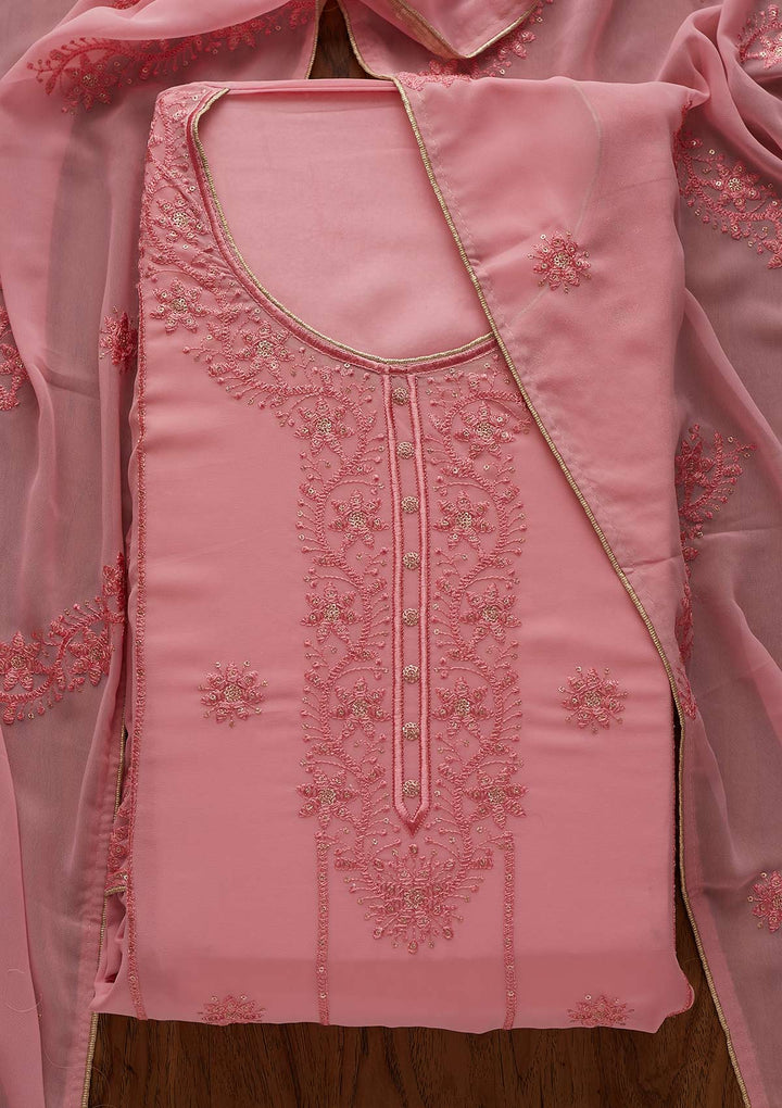 Onion Pink Threadwork Georgette Semi-Stitched Salwar Suit - Koskii