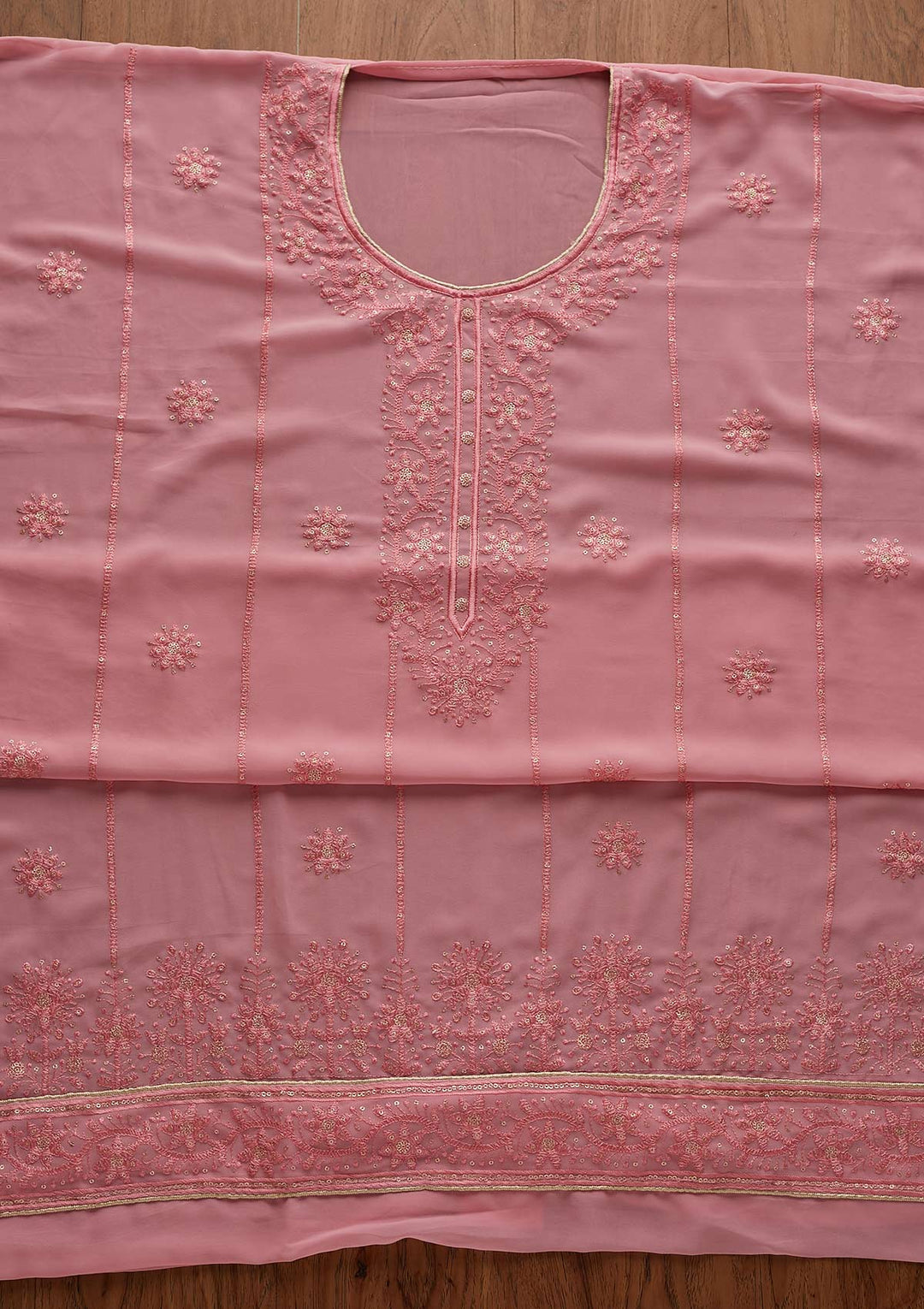 Onion Pink Threadwork Georgette Semi-Stitched Salwar Suit - Koskii