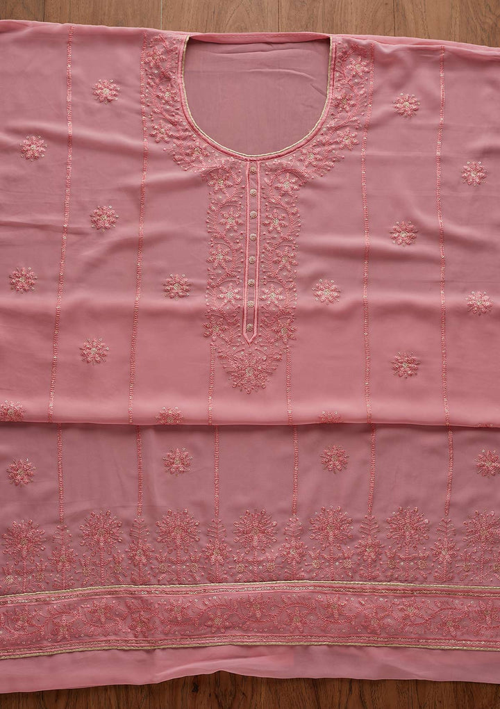 Onion Pink Threadwork Georgette Semi-Stitched Salwar Suit - Koskii