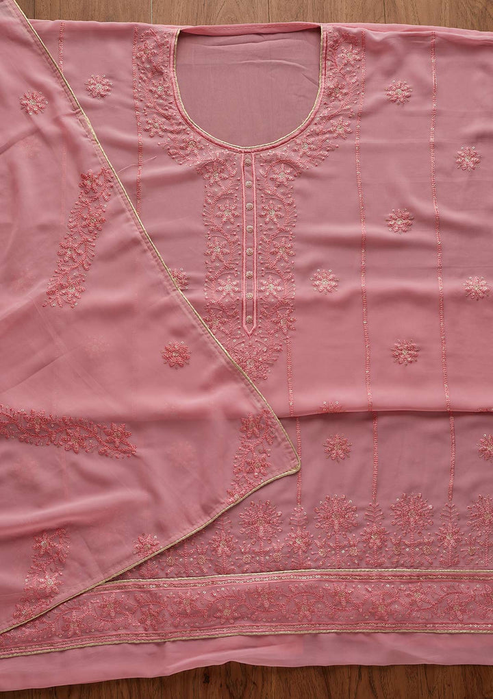 Onion Pink Threadwork Georgette Semi-Stitched Salwar Suit - Koskii