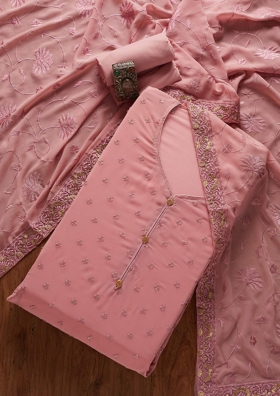 Onion Pink Threadwork Georgette Designer Unstitched Salwar Suit - koskii