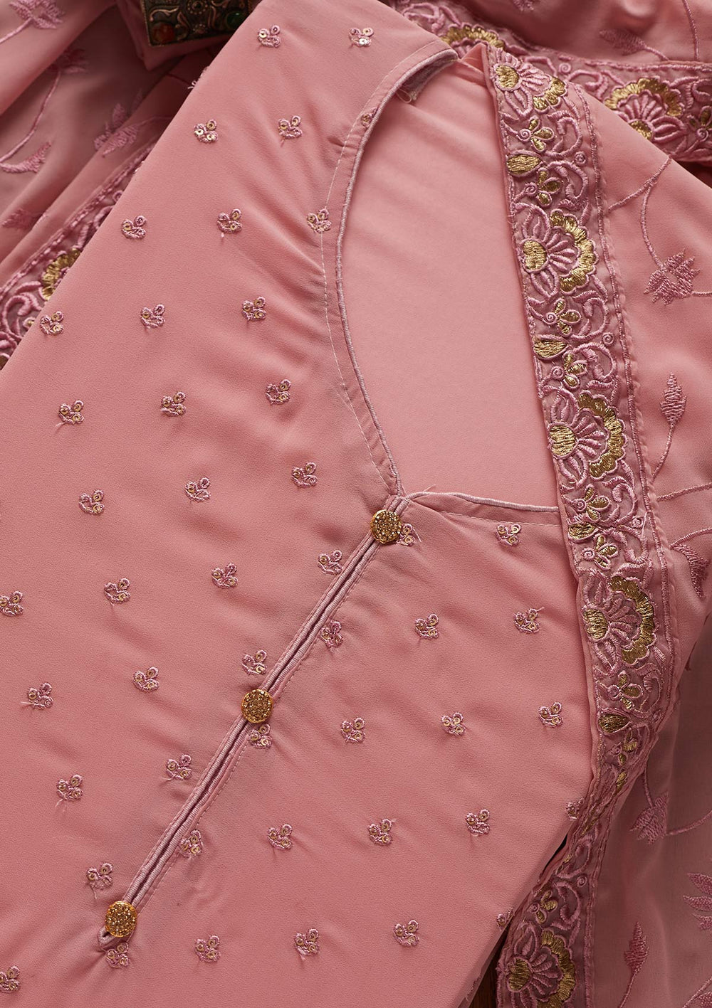 Onion Pink Threadwork Georgette Designer Unstitched Salwar Suit - koskii