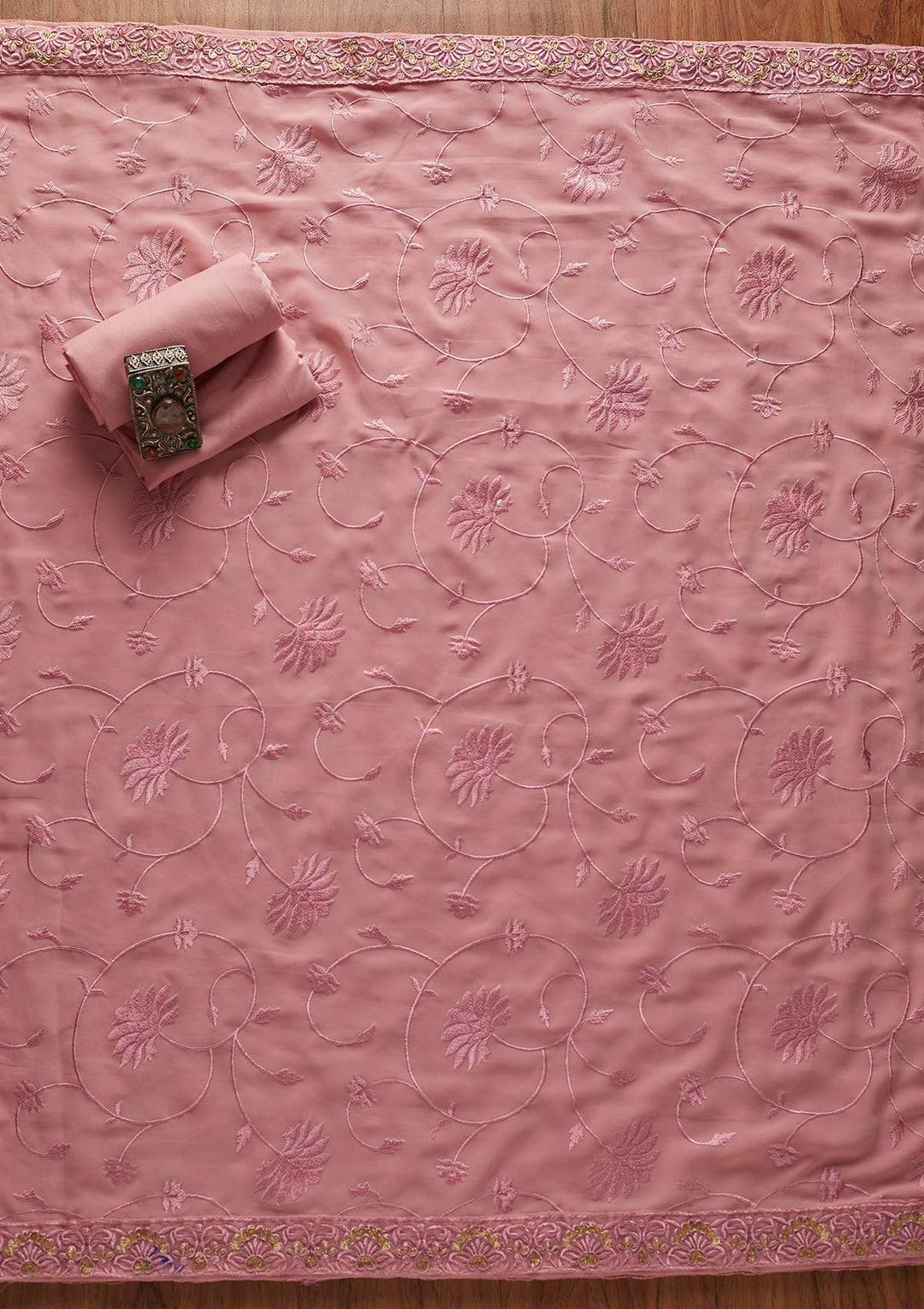 Onion Pink Threadwork Georgette Designer Unstitched Salwar Suit - koskii