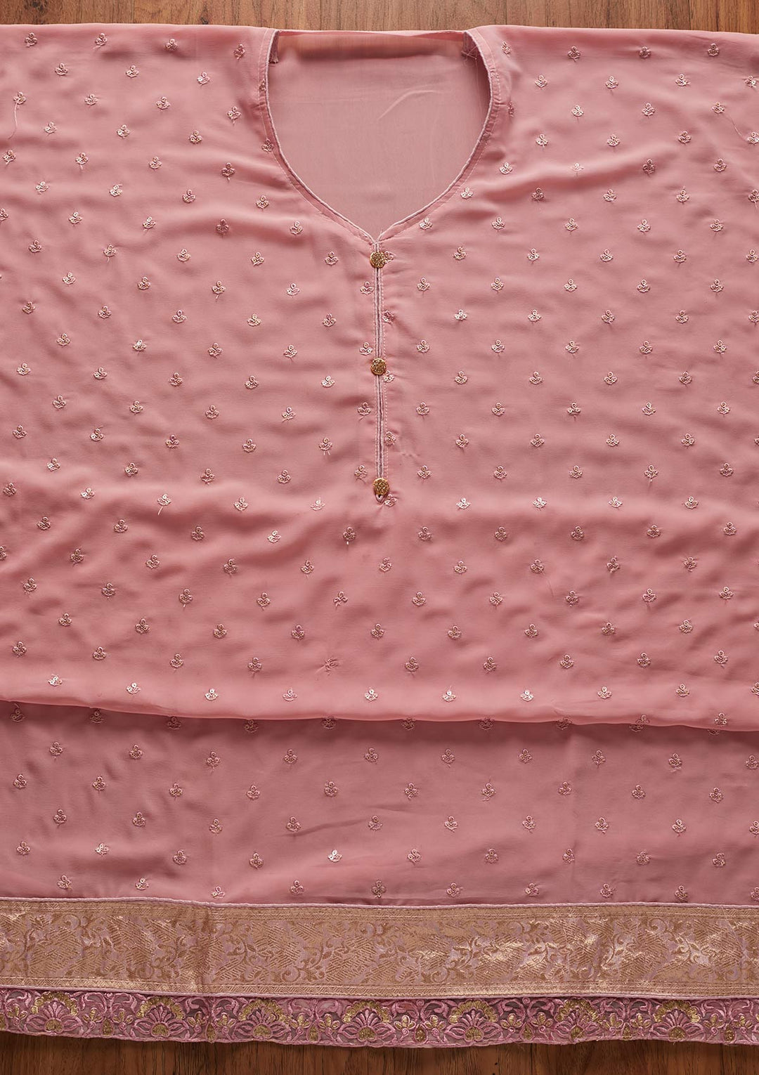 Onion Pink Threadwork Georgette Designer Unstitched Salwar Suit - koskii