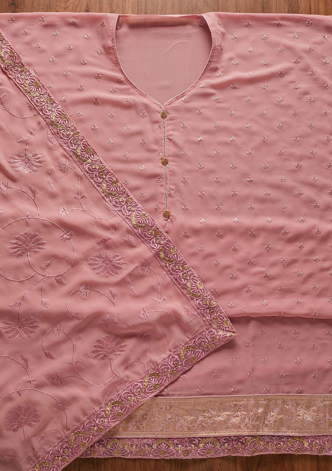 Onion Pink Threadwork Georgette Designer Unstitched Salwar Suit - koskii